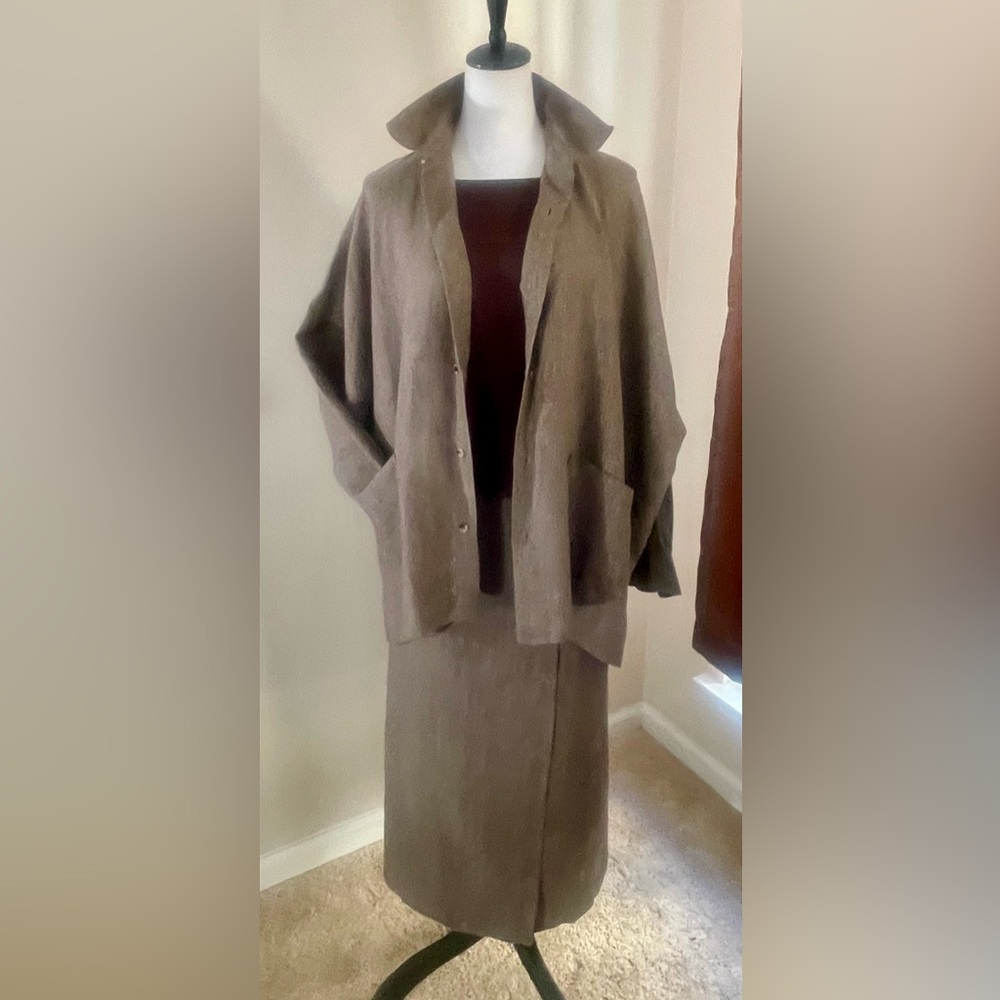 Eskandar Vintage Designer 100% Linen 2pc Skirt Set Button Down & Front Pockets